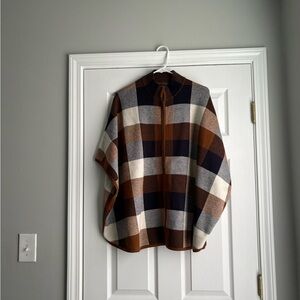 Tahari Brown, Navy & Cream Plaid shawl jacket